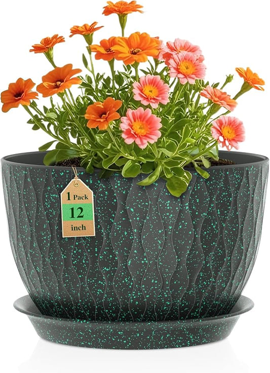 12 Inch Wide Water Ripples Flower Pots for Indoor or Outdoor Plants, Large Plant Pots with Drainage Holes & Saucer, Plastic Planters Set for Garden & Home Decor (Black with Green Speckles)-VerdiqueGarden