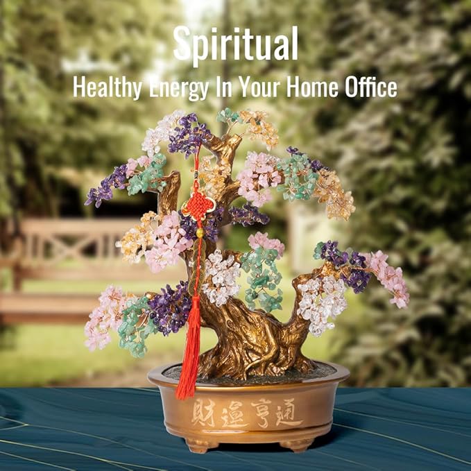 Natural Chakra Gemstone Crystal Bonsai Tree of Life（1,350 Gemstone Count） Large Feng Shui Money Tree for Luck and Wealth Desk Decoration 20 Inches-VerdiqueGarden
