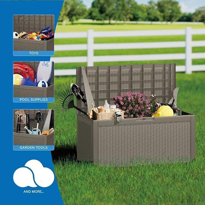 Multi-Functional 100 Gallon Patio Storage Bench - Waterproof Outdoor Deck Box & Storage Cabinet, Lockable Resin Chest for Pool/Garden Accessories, UV-Resistant, Weathered Grey-VerdiqueGarden