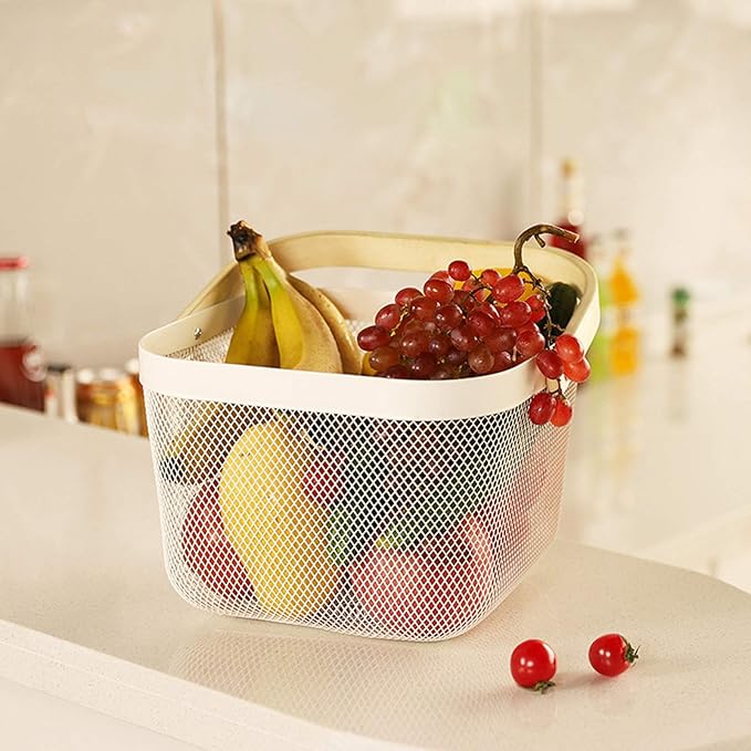 Metal Mesh Steel Basket, Storage Organizer Basket Multi-functional Hanging Kitchen Baskets Fruit Basket Bin with Bamboo Handle for Kitchen Bathroom Picnic Shopping Decor Cabinet Home, Beige-VerdiqueGarden