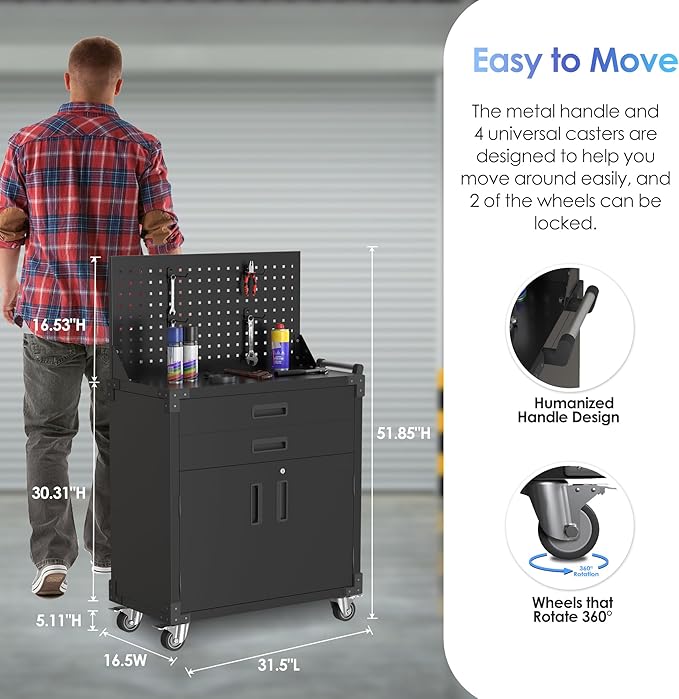 Tool Chest, Tool Cart with 2 Drawer and Lockable Doors, Garage Storage Cabinet with Wheels, Pegboard and 4 Hooks for Garage, Workshop, Metal Tool Storage Cart-VerdiqueGarden