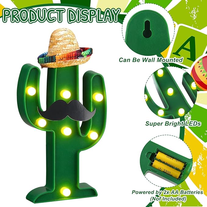 12 Pcs Cinco de Mayo LED Cactus Light with Mini Sombrero Straw Hats and Fake Beard Cinco De Mayo Table Decor Mexican Party Supplies for Table Room Bedroom Party Decoration (4.72 x 2.76 Inch)-VerdiqueGarden