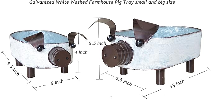 Galvanized Metal White Washed Farmhouse Pig Tray Distressed Pig Tabletop Centerpiece Décor Set of 2-VerdiqueGarden