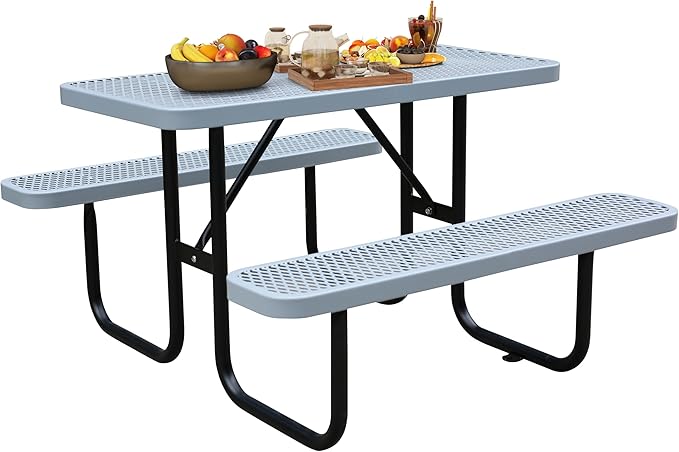 4FT Metal Picnic Tables for Outdoors, Commercial Rectangular Picnic Table and Bench Set for Outside, Patio, Garden, Backyard, Porch, Surface Mount, Grey-VerdiqueGarden