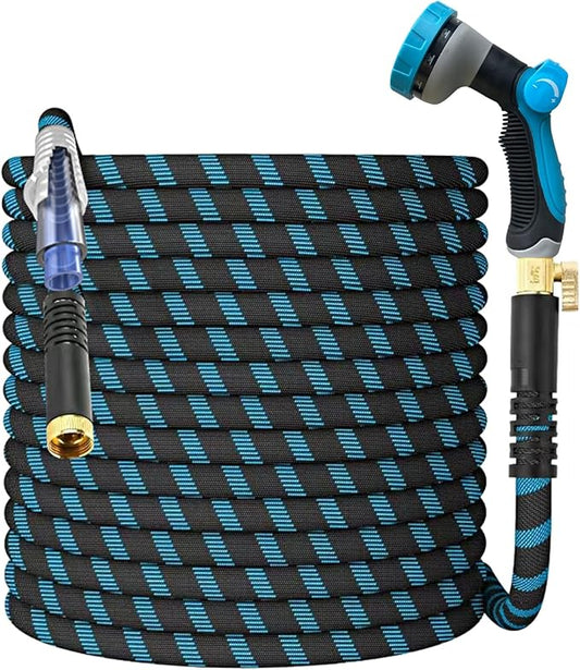 100Ft Non-Expandable Garden Hose, Flexible Water Hose with 10-Pattern Spray Nozzle, Lightweight Hose Pipe, Kink-Free, Leak-Proof, 3/4" Solid Metal Fittings-VerdiqueGarden