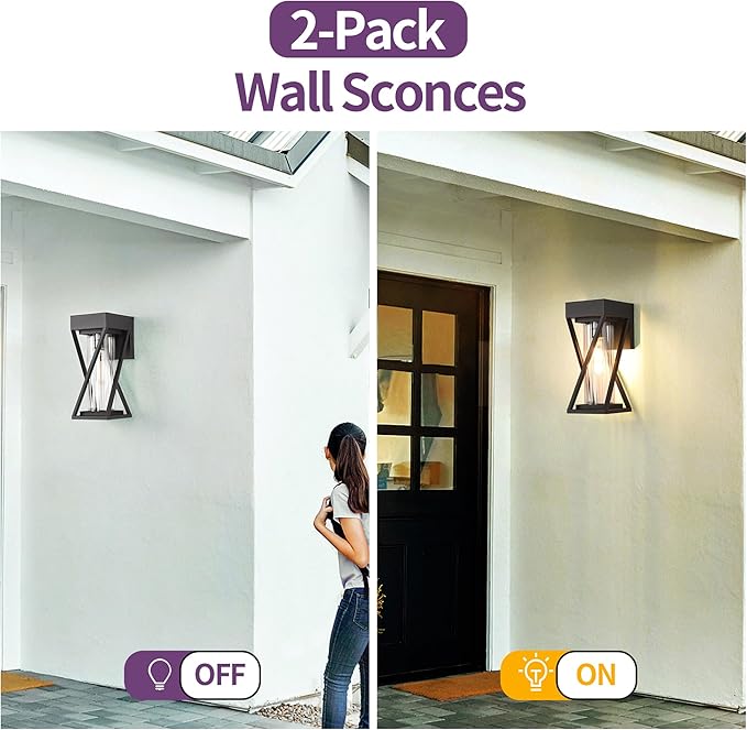 Outdoor Wall Lights Set of 2, Exterior Sconce Lighting Fixtures, Black Outdoor Porch Lights, Outdoor Wall Lantern with Clear Stripe Glass for Patio, Garage-VerdiqueGarden