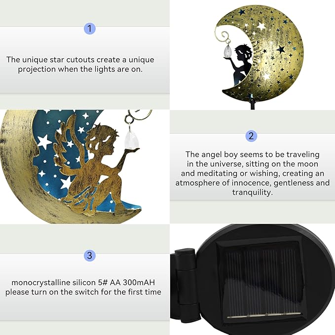 Solar Angel Moon Garden Stake Light – Outdoor Metal Yard Decoration with Crystal Pendant, Waterproof LED Light for Patio, Pathway, Lawn – Rustic Gold & Blue-VerdiqueGarden