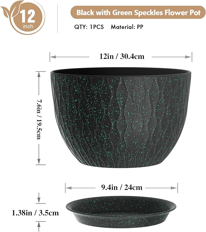12 Inch Wide Water Ripples Flower Pots for Indoor or Outdoor Plants, Large Plant Pots with Drainage Holes & Saucer, Plastic Planters Set for Garden & Home Decor (Black with Green Speckles)-VerdiqueGarden
