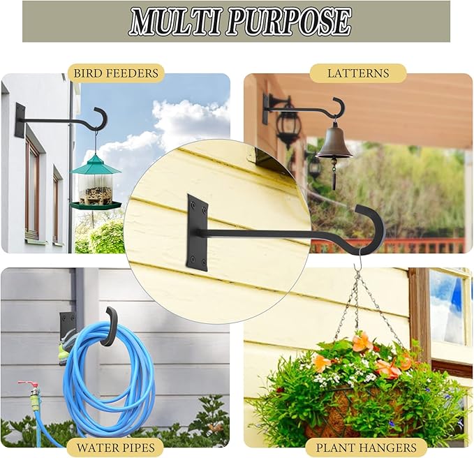 10inch Heavy Duty Plant Hangers Outdoor or Indoor Bird Feeder Hanger Shepherd Hooks 2pcs Black Metal Wall Hook for Hanging Plant Bracket, Lantern, Flower Basket, Wind Chimes-VerdiqueGarden