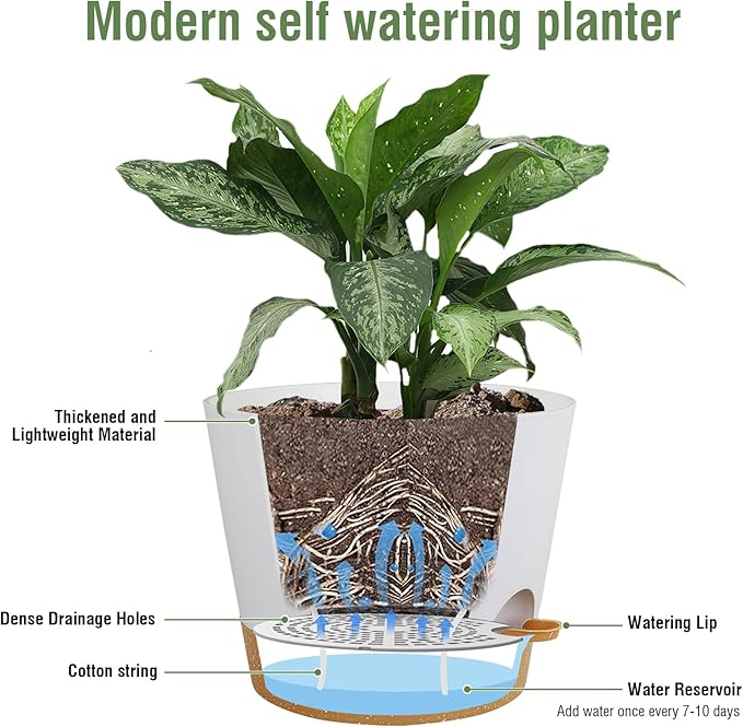 12 inch Large Self Watering Pots for Indoor Outdoor Plants, Flower Plant Pots with Drainage Holes for Garden House Plants, Plastic Planters with Reservoir for Home Plants, White with Brown-VerdiqueGarden
