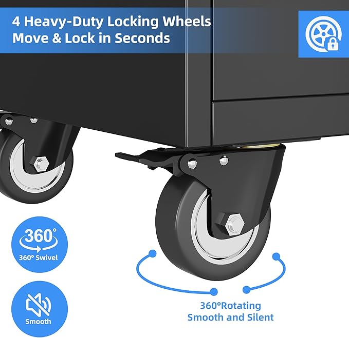 Metal Garage Storage Cabinet with Locking Doors and 2 Adjustable Shelves, Rolling Tool Storage Cabinet with 4 Wheels and 2 Drawer for Garage, Warehouse, Black, Assembly Required-VerdiqueGarden