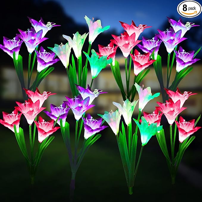 KOOPER Outdoor Solar Lights, 8 Pack Solar Garden Lights with Bigger Lily Flowers, Waterproof 7 Color Changing Outdoor Lights - Bigger Solar Panel for Outdoor Patio Yard Garden Decoration-VerdiqueGarden