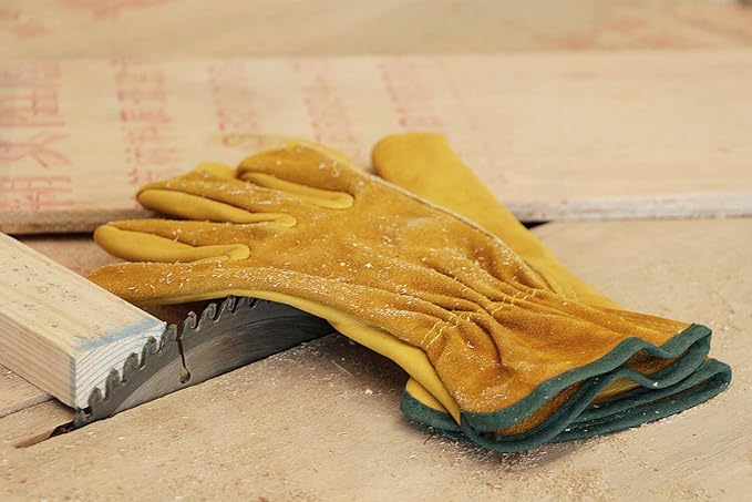 OZERO Leather Work Gloves Flex Grip Tough Cowhide Gardening Glove for Wood Cutting/Construction/Truck Driving/Garden/Yard Working for Men and Women 1 Pair (Gold,X-Large)-VerdiqueGarden