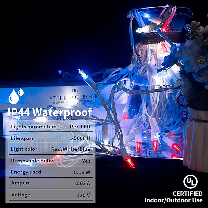Red White and Blue LED Christmas Lights - 35 Count 4th of July String Lights for Small Tree, Crafts, Independence Day Patriotic Decorations, 11 Feet White Wire, UL Certified, Connectable-VerdiqueGarden