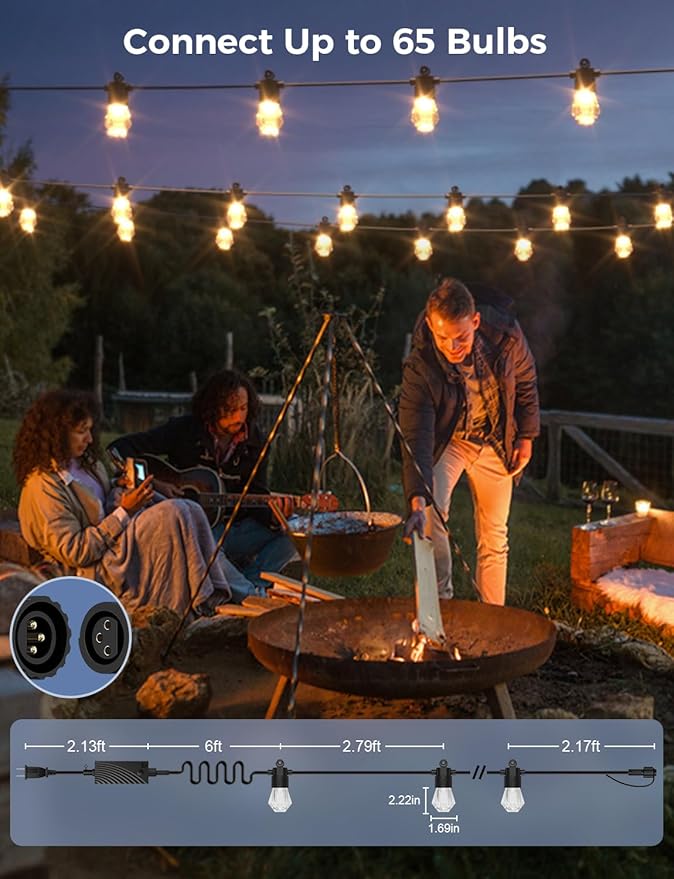 XMCOSY+ 48FT Smart Outdoor String Lights - RGBCWIC Dimmable Acrylic Bulbs, Color Changing LED Patio Lights APP WiFi Control, Compatible with Alexa, IP65 Waterproof Outside Lights for Yard Porch-VerdiqueGarden