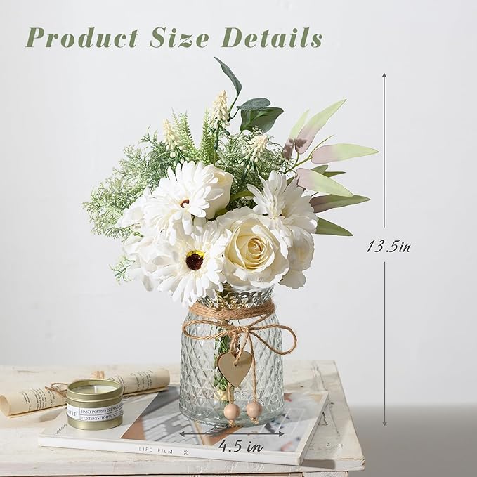 Artificial White Flowers with Vase, Fake Flowers Arrangement for Home Decor, Faux Flowers for Farmhouse Coffee Table Decor, House Kitchen Centerpiece Table Decorations-VerdiqueGarden