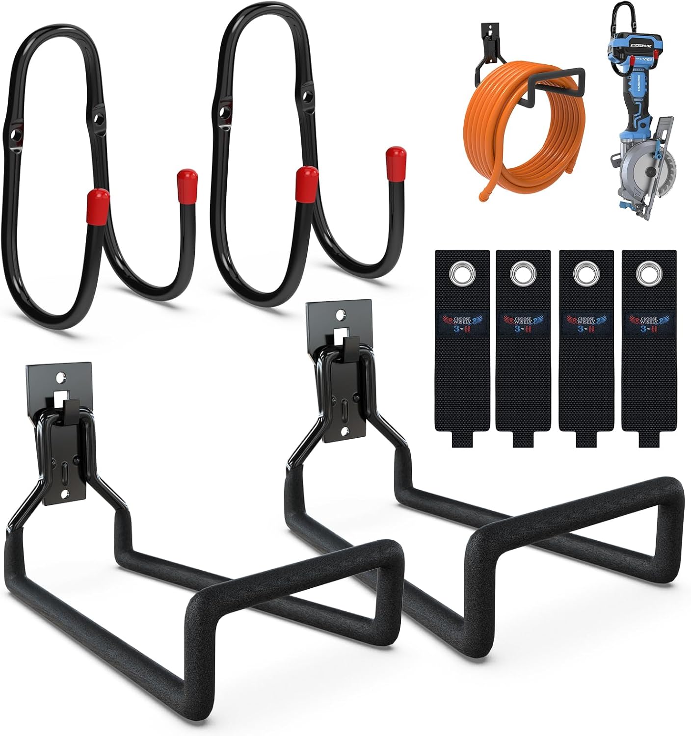 3-H Solid Steel Garden Hose Holder - 4 Pack Wall Mount Hanger with Extension Strap for Outdoor Air Hose, Ropes, Pipes & More-VerdiqueGarden