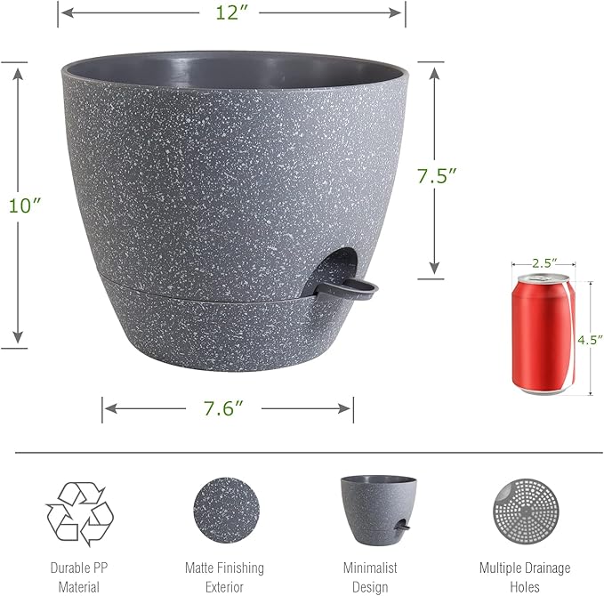 12 inch Large Self Watering Pots, Plastic Planters with 60oZ Removable Deep Reservoir and Multi Mesh Drainage Holes for Indoor Outdoor Garden Plants and Flowers, Grey Speckles-VerdiqueGarden