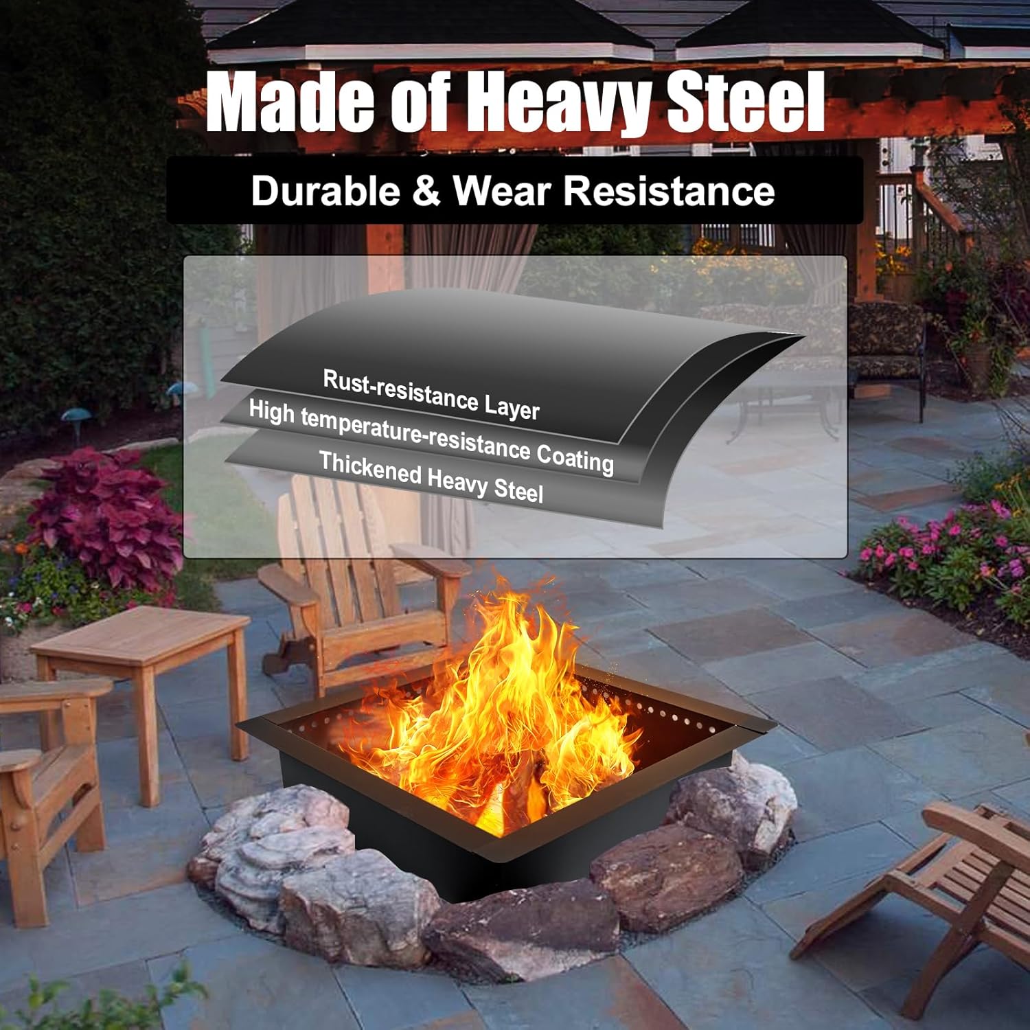 42 inch Square Fire Pit Ring, Heavy Duty Firepit Ring, DIY Campfire Insert Above or In-Ground, for Outdoor, Camping, and Bonfires-VerdiqueGarden