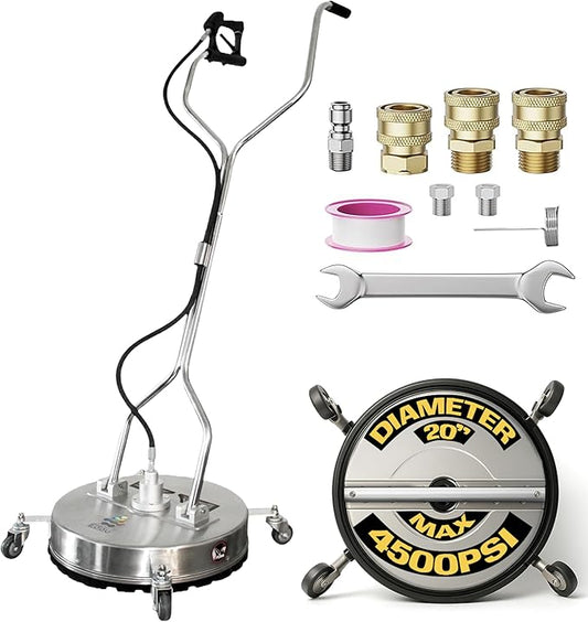 EDOU Direct 20 Inch Pressure Washer Surface Cleaner - Dual Handle Concrete Cleaner, Wheels - Driveway Pressure Washer Attachment, 4,500 PSI Max - Includes Quick Connector Kit - Silver-VerdiqueGarden