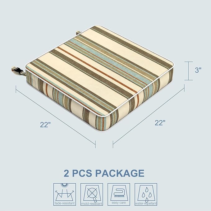 LVTXIII Patio Chair Cushions 22"x22"x3", Water-Repellent Outdoor Seat Cushions for Patio Furniture, Square Chair Pads with Ties for Home Garden Decoration, Set of 2, Stripe Onyx-VerdiqueGarden