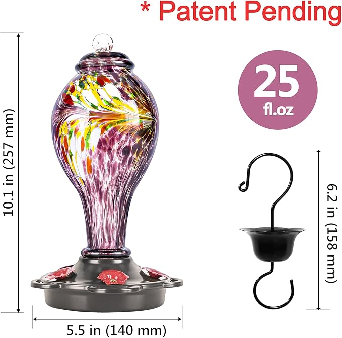 LUJII Hand Blown Glass Hummingbird Feeder for Outdoors Hanging with Ant Guard, 25 fl.oz, Leak Proof & Rustproof, Metal Base with 5 Feeding Ports & 5 Perches, Unique Garden & Backyard Decor (Purple)-VerdiqueGarden