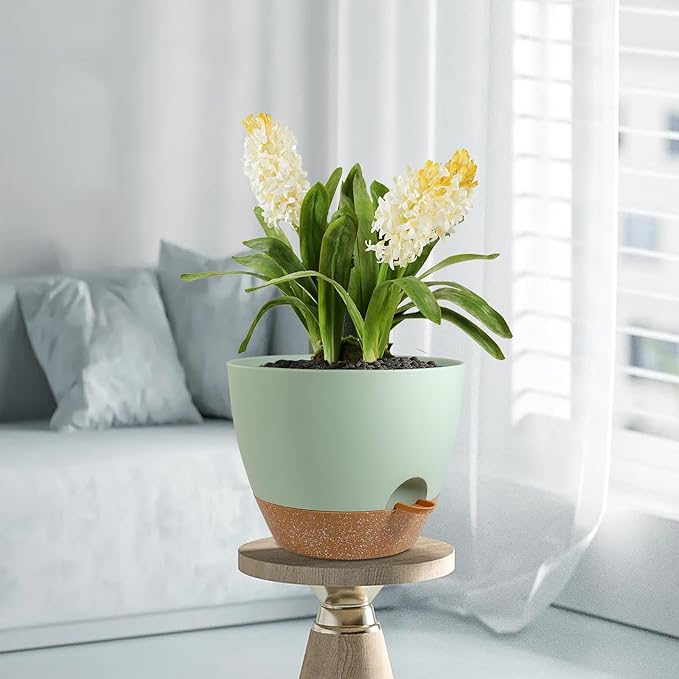 12 inch Large Self Watering Pots, Plant Pots with Mesh Drainage Holes for Indoor Outdoor Plants, Plastic Planters with Deep Reservoir for Garden House Flower Plants, Green with Brown-VerdiqueGarden