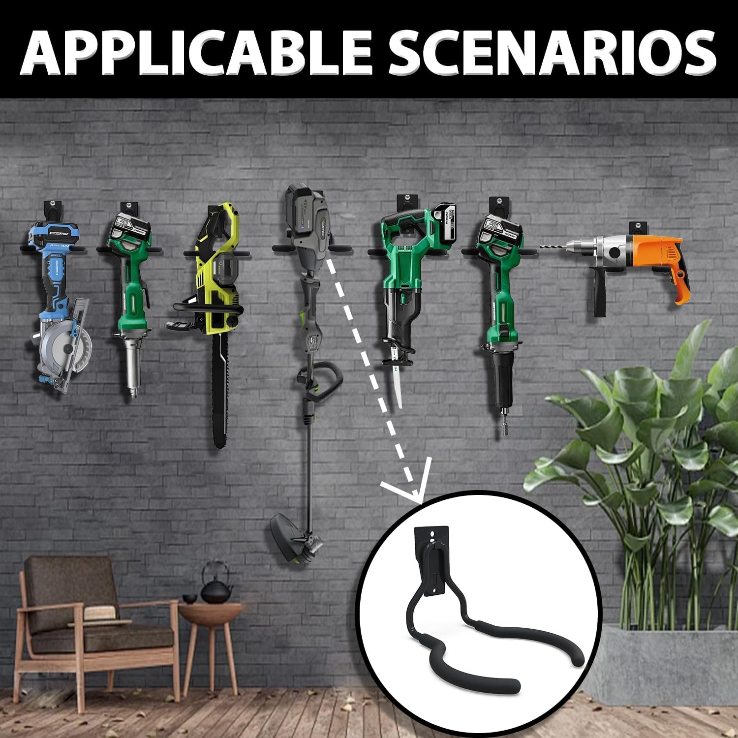 3-H Weed Eater Hanger 2 Pack,2 Large Garage Wall Hooks,1 Extension Strap,Utility Weedeater Rack,Tool Hangers for Organizing and Hanging Weed Wacker,Leaf Blower,String Trimmer,Power Tool in Garden-VerdiqueGarden