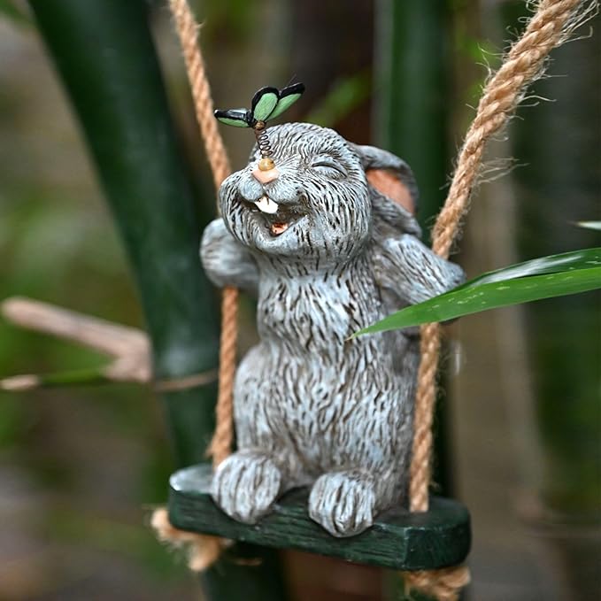 OwMell Garden Rabbit Statues, Cute Swing Bunny with Butterfly Statue Decoration for Yard Hanging Outdoor, Tree Ornaments Figurine for Stump Branch Lawn Patio Decor-VerdiqueGarden