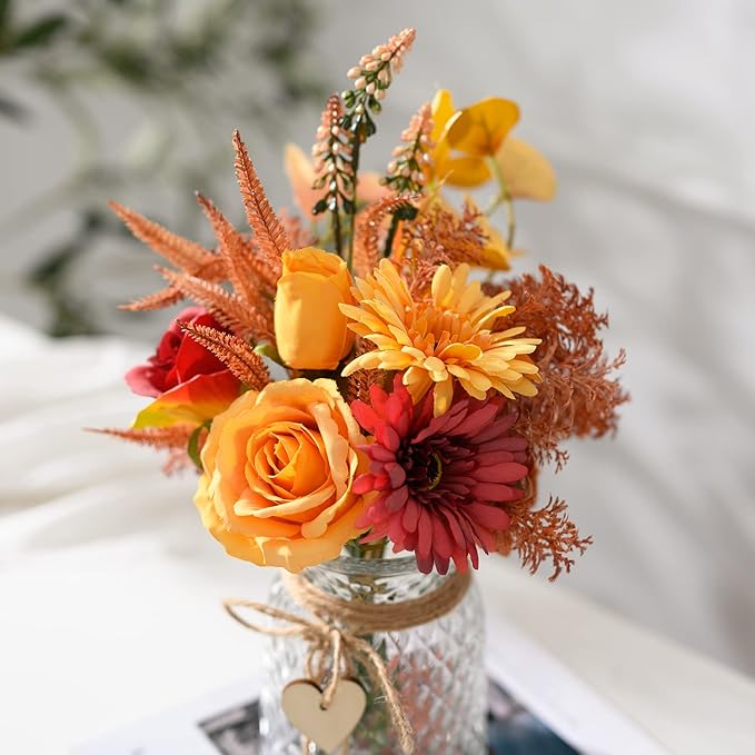 Artificial Flowers with Vase, Faux Silk Flowers Arrangement in Vase, Rustic Home Office Decorations, Farmhouse Dining Table Decor, Coffee Table Centerpiece, Fall Table Plant Decor-VerdiqueGarden