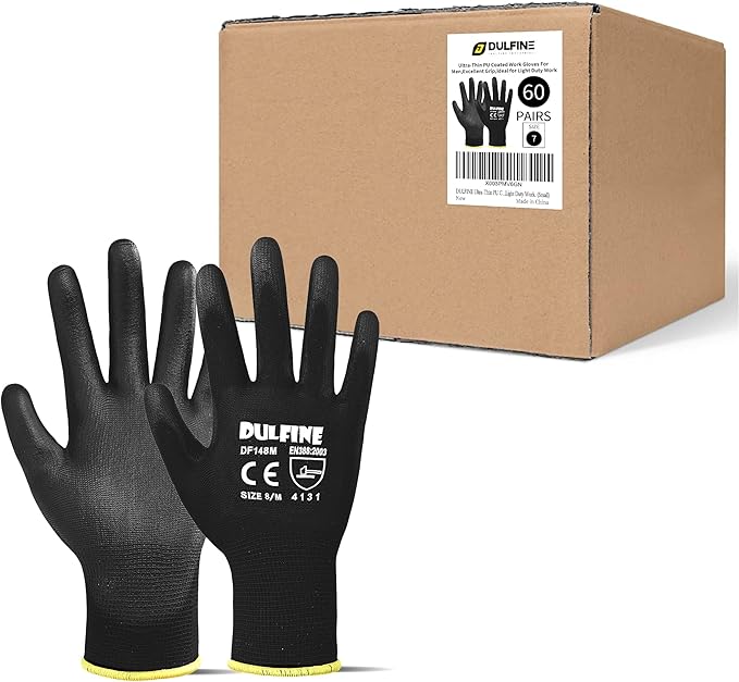 DULFINE Ultra-Thin PU Coated Work Gloves-60 Pairs,Excellent Grip,Nylon Shell Black Polyurethane Coated Safety Work Gloves, Knit Wrist Cuff,Ideal for Light Duty Work. (Medium)-VerdiqueGarden