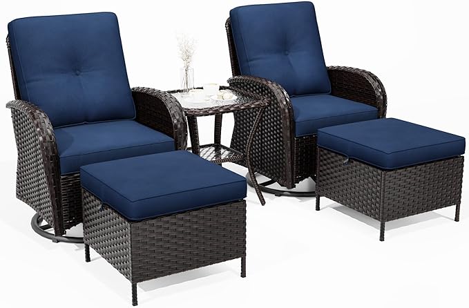 Joyside 5 Piece Patio Furniture Set, Outdoor Swivel Chair Sets with Thick Cushion and Ottoman, Wicker Patio Conversation Set for Porch, Deck Use (Brown/Blue, 5 PCS)-VerdiqueGarden
