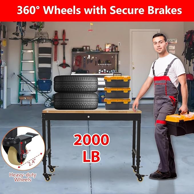 48'' Adjustable Workbench on Wheels, 2000LBS Heavy Duty Worktable with Power Outlets & Drawers & Pegboard, Rubberwood Workstation for Workshop, Garage, Office, Home-VerdiqueGarden