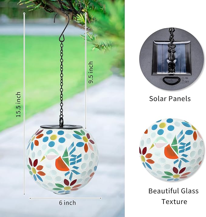 VCUTEKA Solar Chandelier Outdoor, Hanging Mosaic SolarLights with Hook Up, Solar Garden Lantern Decor for Yard, Deck and Patio, White-VerdiqueGarden