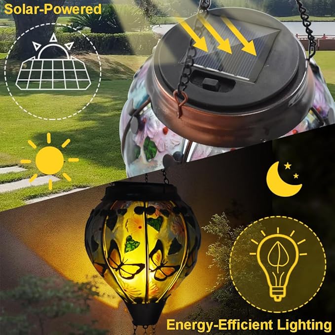Hot Air Balloon Solar Lantern with Flickering Flame, Glass Hanging Garden Lights Outdoor Waterproof for Tree Yard Patio Mother's Day Gift, 18" H Butterfly-VerdiqueGarden