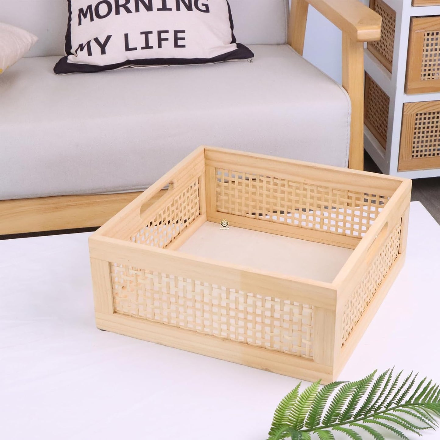 YRMT Wood Storage Crate Basket Rustic Wooden Storage Container for Organizing Decorative Bamboo Box with Handles for Pantry, Shelves Organizer 11.4" x 11.4" x 5" (Natural)-VerdiqueGarden