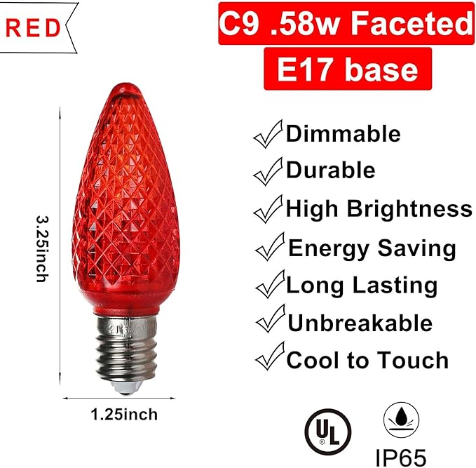 Vibrant Red LED Bulbs - Pack of 25 Dimmable UL Listed IP65 C9 Replacement Bulbs for Outdoor Christmas Decorations-VerdiqueGarden