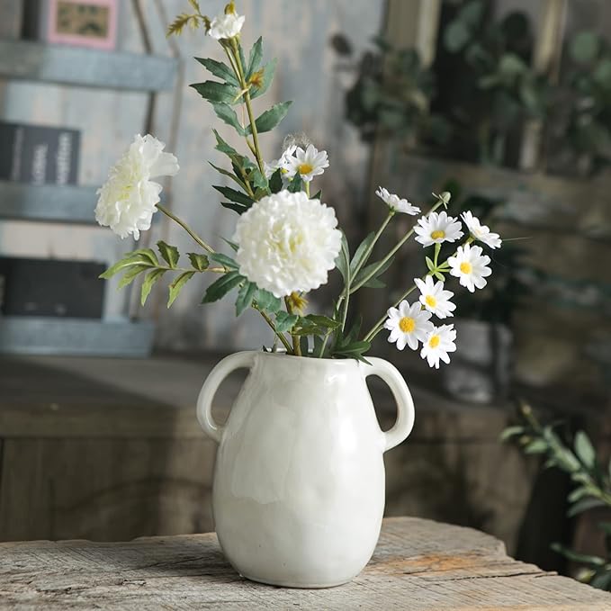 White Ceramic Vase with 2 Handles, Modern Farmhouse Decor, Rustic Terracotta Pottery, Decorative Flower Vases, Clay Small Vase, Centerpiece for Dining Table - 7 Inch Tall-VerdiqueGarden