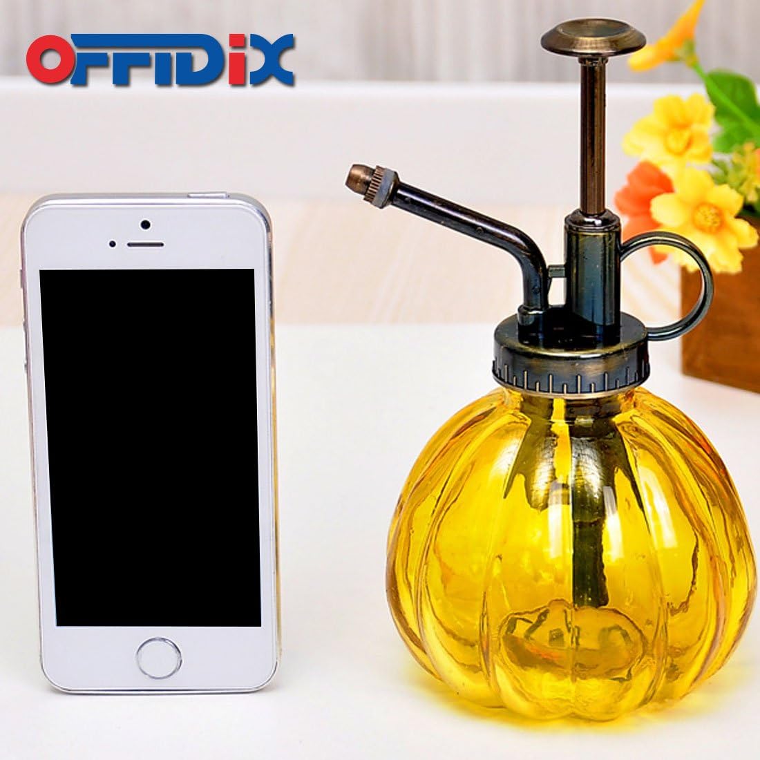 OFFIDIX Yellow Glass Watering Can Indoor, 6.3" Tall Vintage Style with Bronze Plastic Top Pump One Hand Spray Bottle-VerdiqueGarden