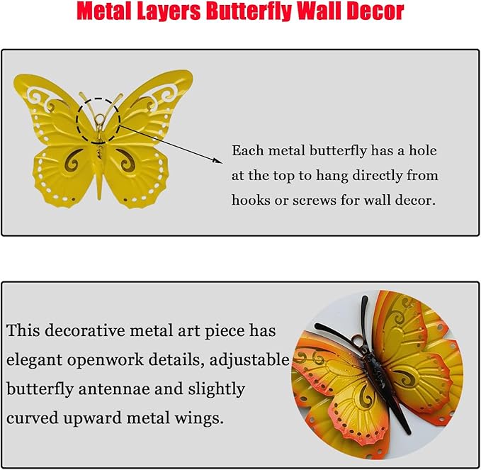 3 Pcs Metal Butterfly Wall Decor, Colorful Animal Wall Panel - Perfect Home Decor Accent with Yellow, Red, and Blue Butterfly (Butterfly)-VerdiqueGarden