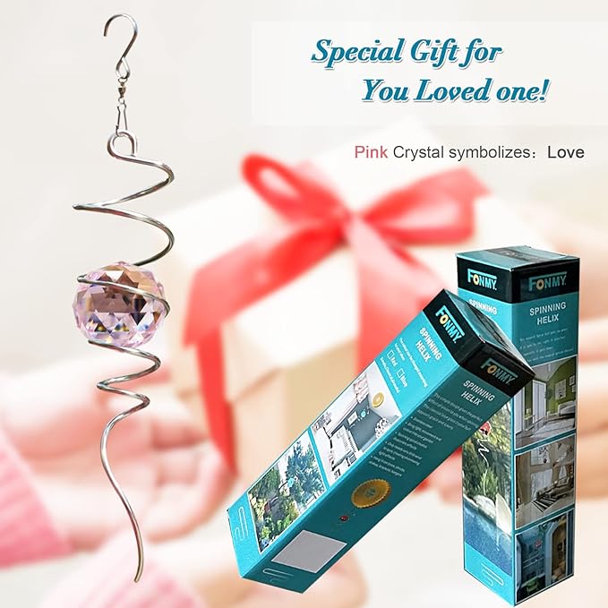 FONMY Gazing Ball Spiral Tail -Decorative Wind Spinner Sun Catcher Rainbow Maker 11 inch Tail and 2 inch Pink Crystal Orb. Indoor Outdoor Garden Decoration -13 inch Height-VerdiqueGarden