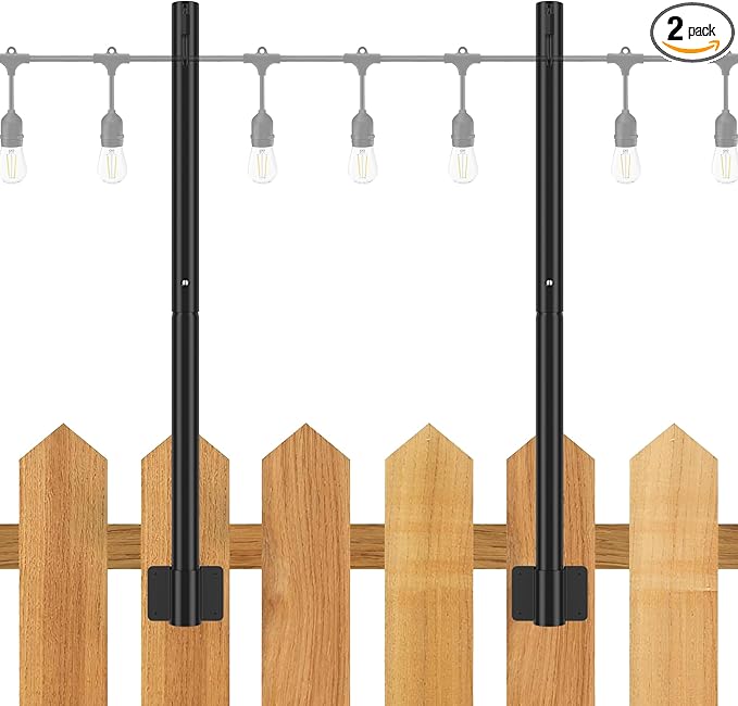 Suchtale 2 Pack 2.8 FT String Light Poles, Suspension Outdoor Fence Post Lights with Clip and Bracket, Outside String Lights Hanging, Wall Mounting Stand for Patio Garden Backyard Wedding Party, Black-VerdiqueGarden