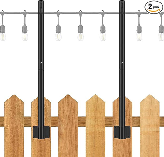Suchtale 2 Pack 2.8 FT String Light Poles, Suspension Outdoor Fence Post Lights with Clip and Bracket, Outside String Lights Hanging, Wall Mounting Stand for Patio Garden Backyard Wedding Party, Black-VerdiqueGarden