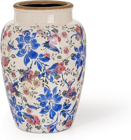 Sungmor Ceramic Flower Vase, Vintage Ice Cracked Glaze Porcelain Vase, Pretty Home Decor Vase for Flower Arrangement, Fresh Flowers, 10.2 Inch Tall Chinoiserie Pottery Vase, Blue Floral Pattern-VerdiqueGarden