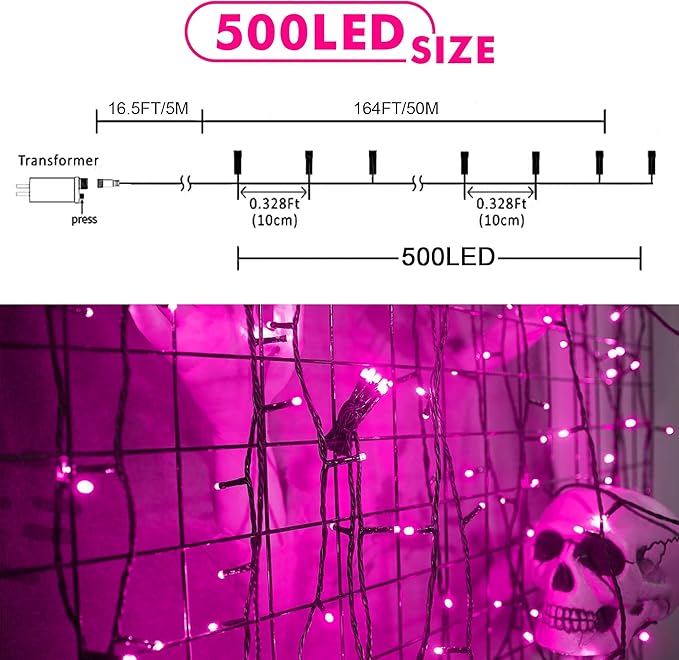 weillsnow Pink Halloween Lights Outdoor, 164 FT 500 LED String Lights Plug in, 8 Modes Waterproof Fairy Lights for Valentines Day, Halloween, Party, Wedding, Bedroom, Garden Decorations-VerdiqueGarden