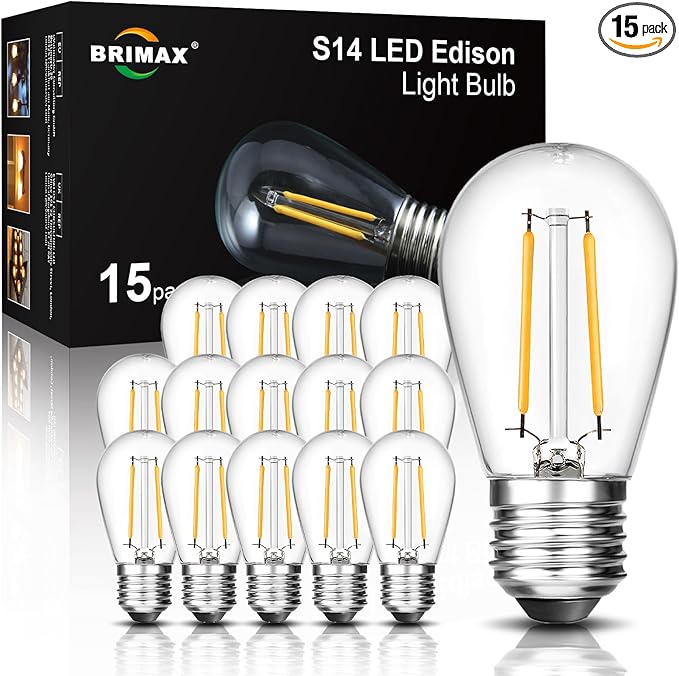 BRIMAX 2w S14 Led Edison Light Bulbs Outdoor 11w Incandescent Filament Bulb Replacement 2700K Bright Warm White Dimmable, E26 Base Durable Led Bulb for Outdoor Patio String Light,15pack-VerdiqueGarden