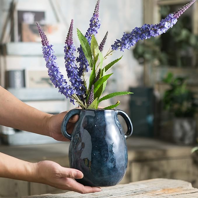 Blue Ceramic Vase with 2 Handles, Modern Farmhouse Decor, Rustic Terracotta Pottery, Decorative Flower Vases, Clay Small Vase, Centerpiece for Dining Table - 7 Inch Tall-VerdiqueGarden