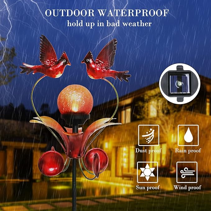 VCUTEKA Cardinal Solar Lights Outdoor Metal Garden Stake Waterproof Crackle Glass Globe Garden Decor Cardinal for Pathway, Lawn, Patio, Yard-VerdiqueGarden