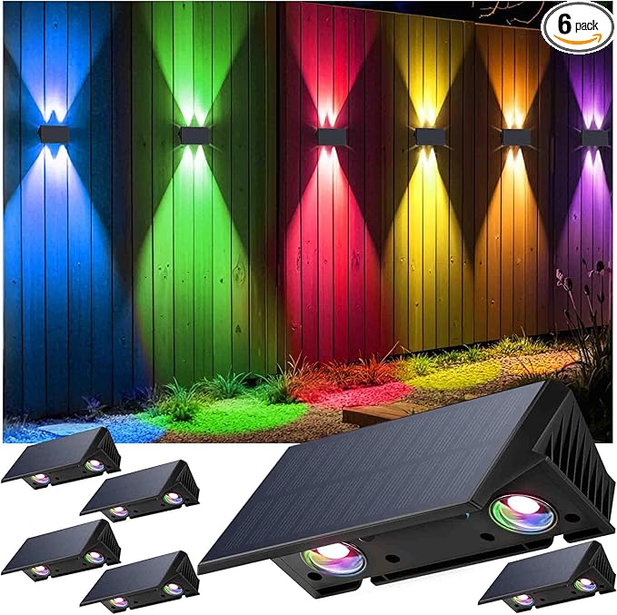 Fence Lights Solar Powered, 6-Pack Solar Fence Lights Up/Down Flexible Buttons, IP67 Waterproof for Outdoor, 120LM Bright, Auto Dusk to Dawn for Wall/Stairs/Yard/Railing/Deck/Pathway (White & RGB)-VerdiqueGarden