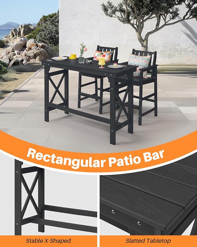 HDPE Patio Bar Table, 41" Rectangle Outdoor Bar Tables Counter Height Table, Adirondack Outdoor Bar Height Table, HDPE Outside Pub Tables for Balcony, Deck, Backyard, Poolside, Obsidian-VerdiqueGarden